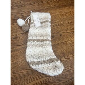 Cupcakes & Cashmere Beige White Striped Knit Christmas Stocking NWT Pom Pom 22"